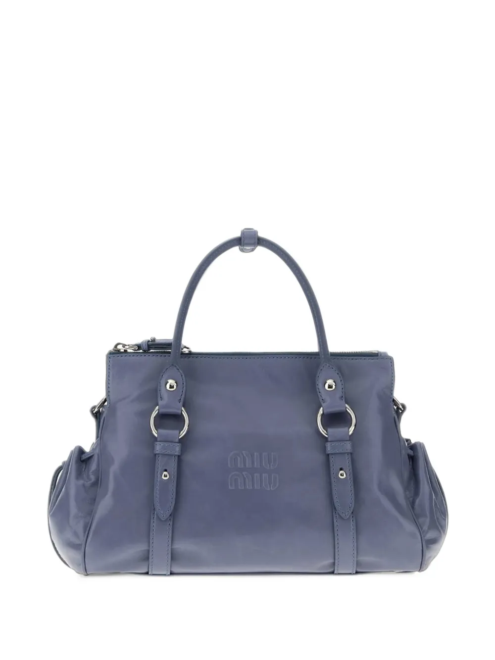 Miu Leren shopper met logo-reliëf Blauw