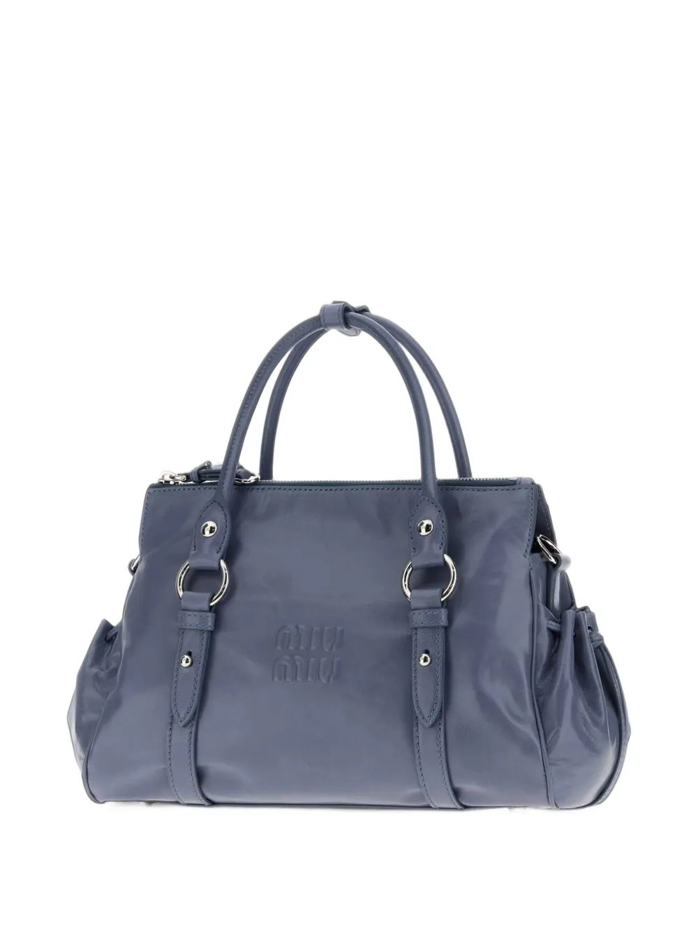 Miu Leren shopper met logo-reliëf Blauw