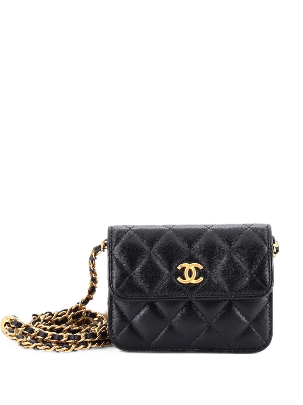 CHANEL Pre-Owned Double CC Pearl Card Holder on Chain Quilted Lambskin crossbody bag - Black