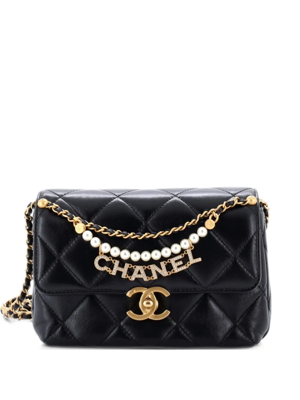 CHANEL Pre-Owned Logo Chains Flap Bag Quilted Lambskin with Faux Pearls and Crystals Mini shoulder bag - Black