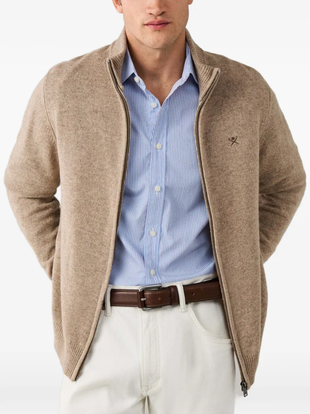 Hackett London zip-up lambswool cardigan Beige