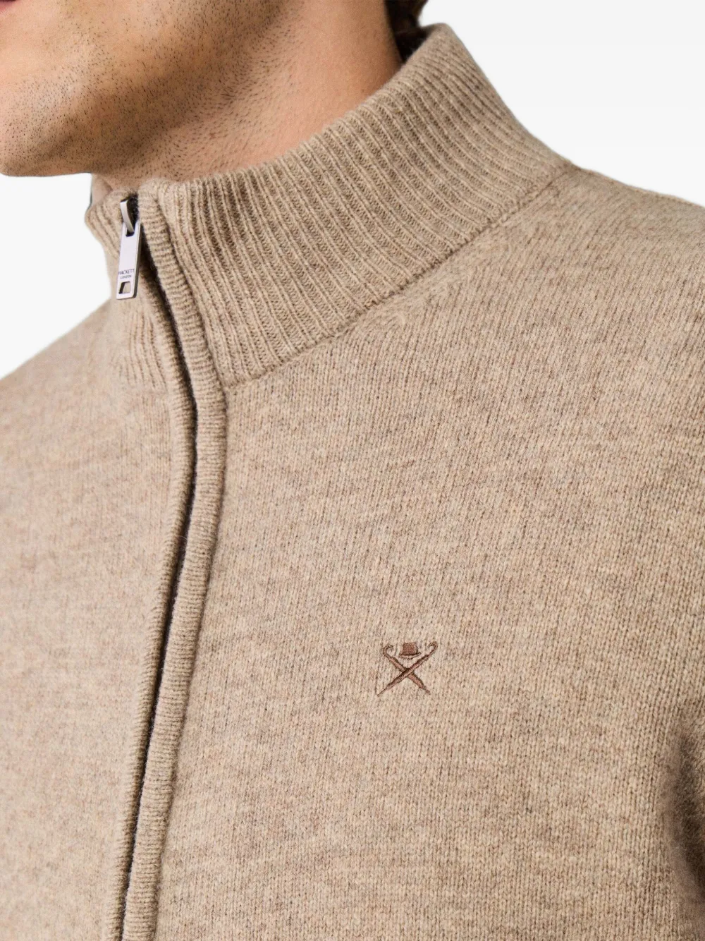 Hackett London zip-up lambswool cardigan Beige
