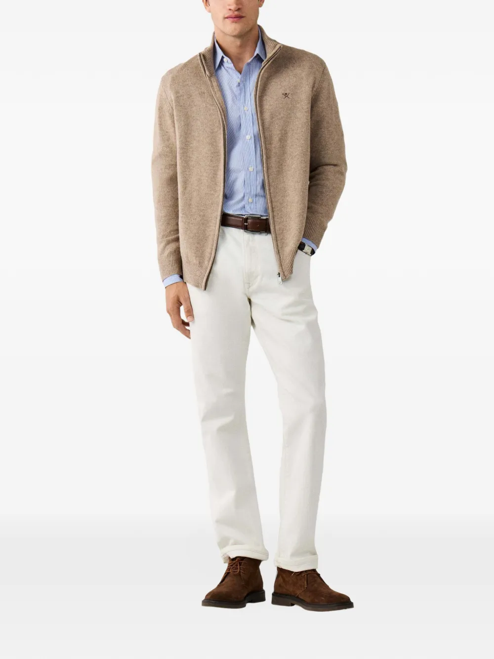 Hackett London zip-up lambswool cardigan Beige