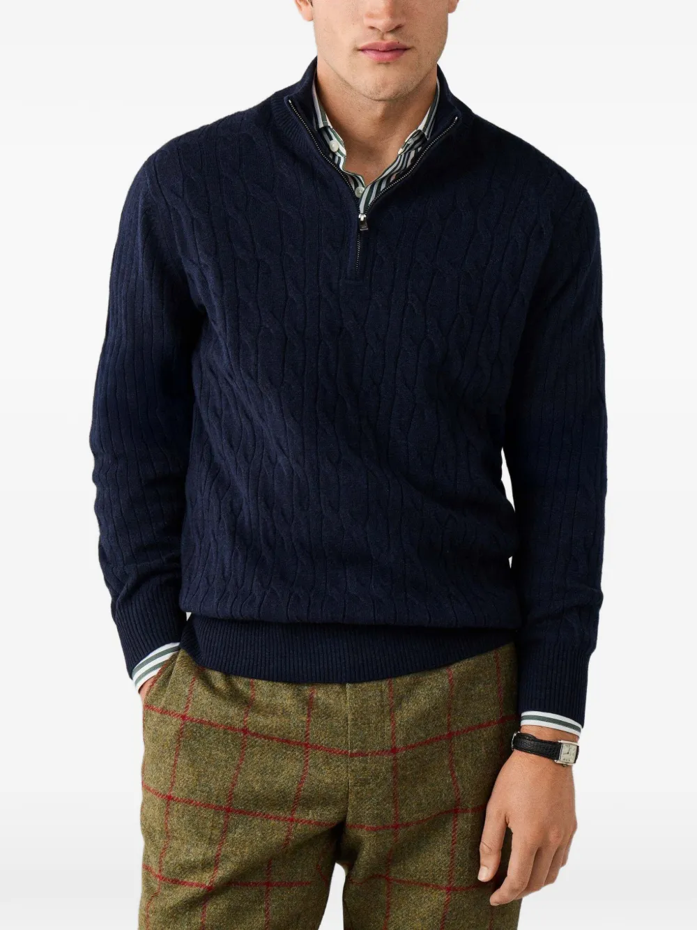 Hackett London cable-knit quarter-zip sweater Blauw