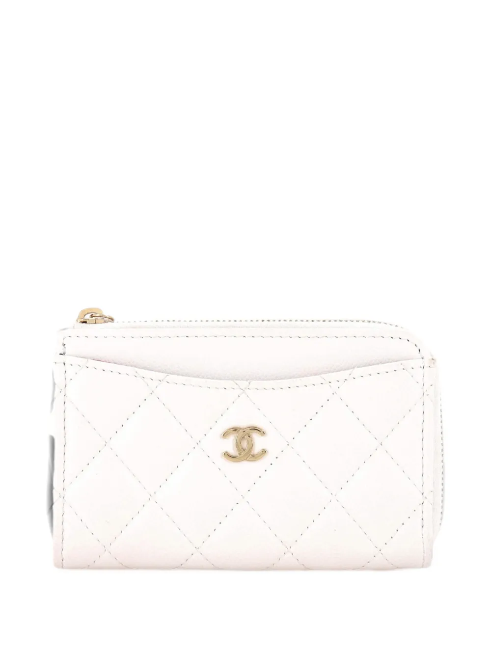 Pre-owned Chanel Zip Around Quilted Caviar Card Holder In White