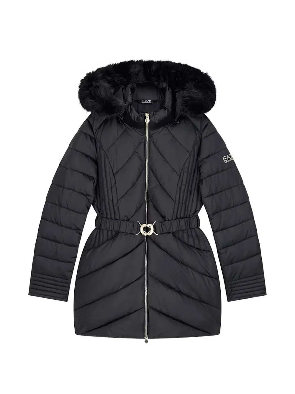 Ea7 Emporio Armani belted faux-fur trim padded coat - Black