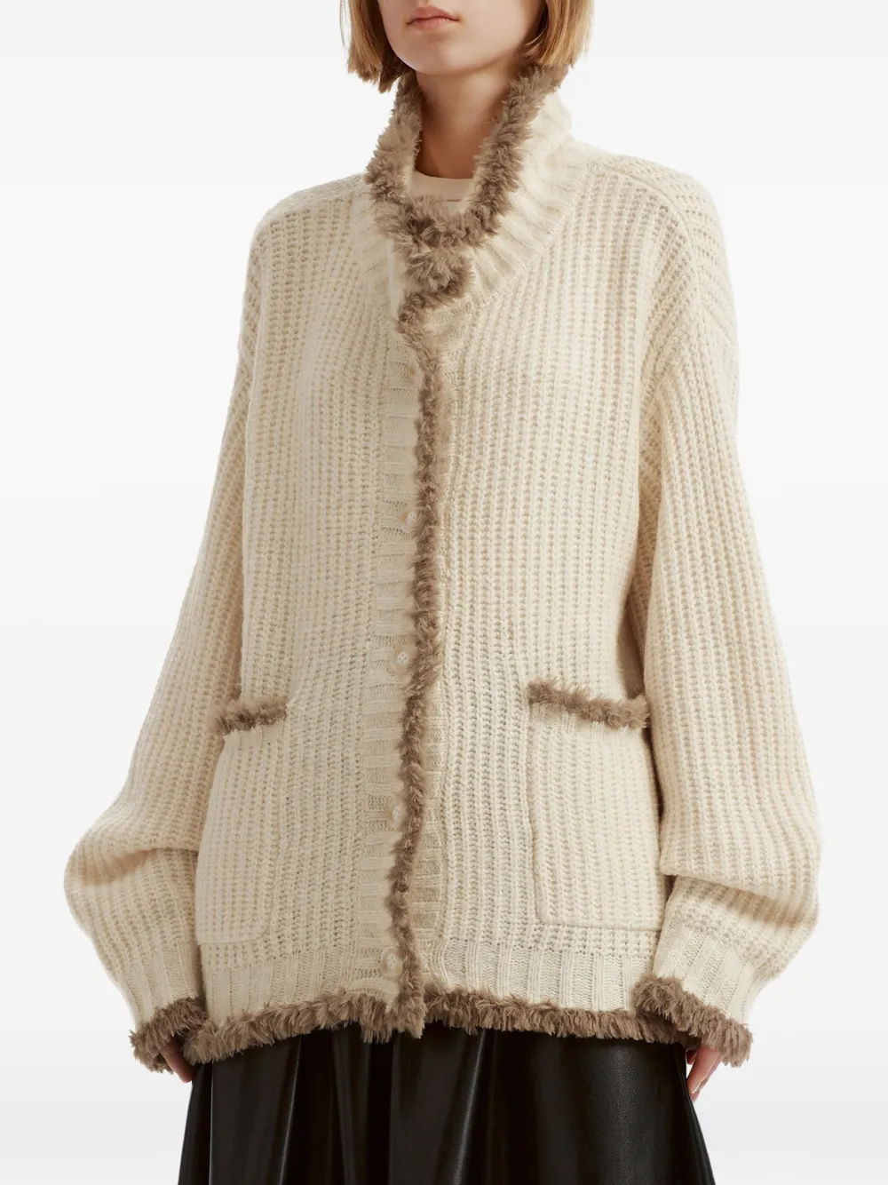 tout a coup faux-fur-trim ribbed-knit cardigan Beige