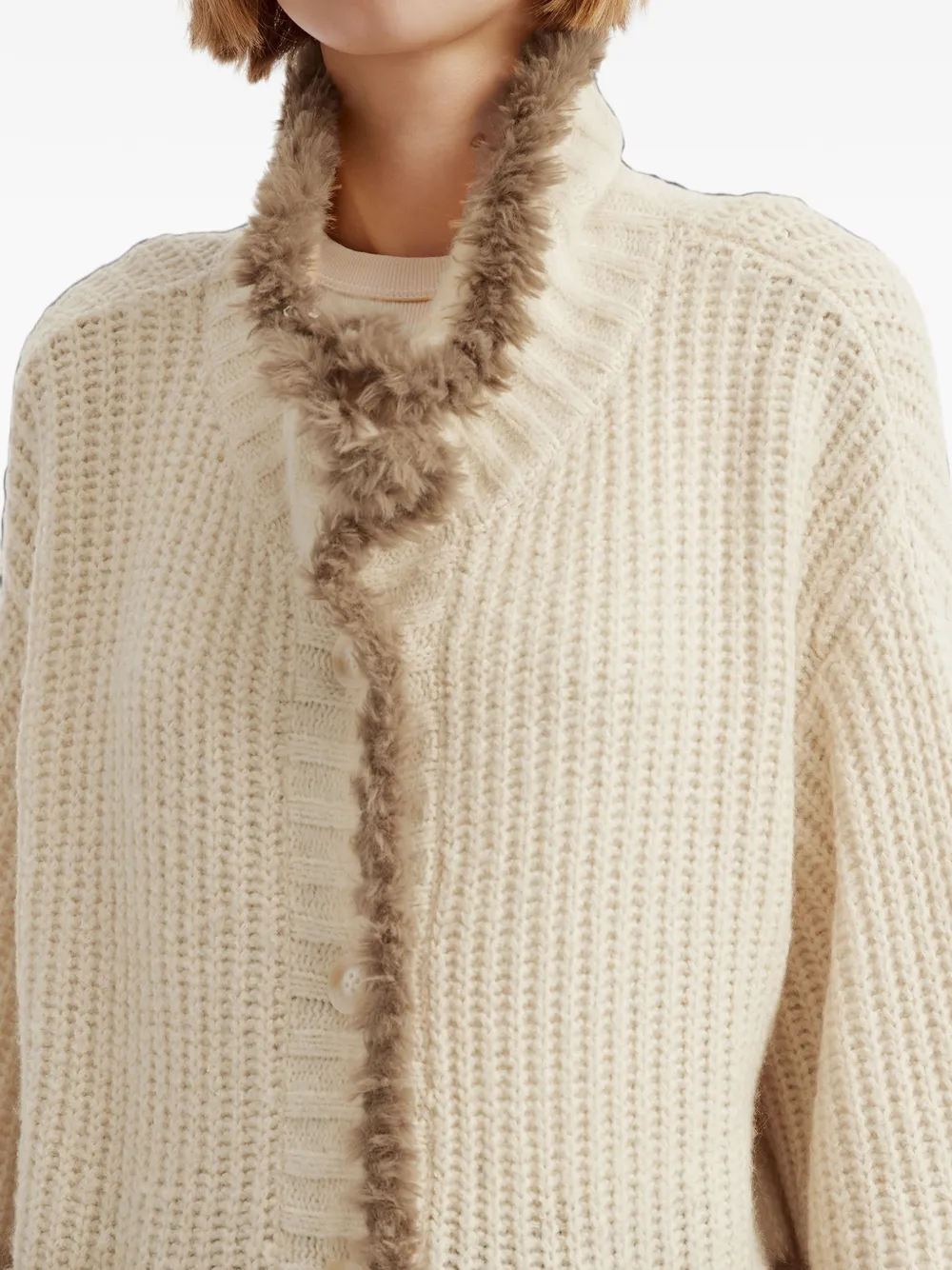 tout a coup faux-fur-trim ribbed-knit cardigan Beige