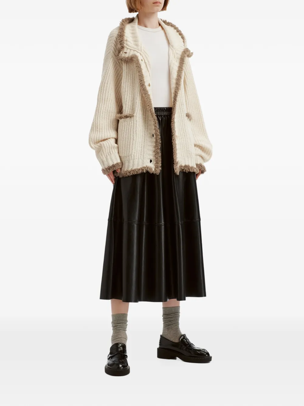tout a coup faux-fur-trim ribbed-knit cardigan Beige