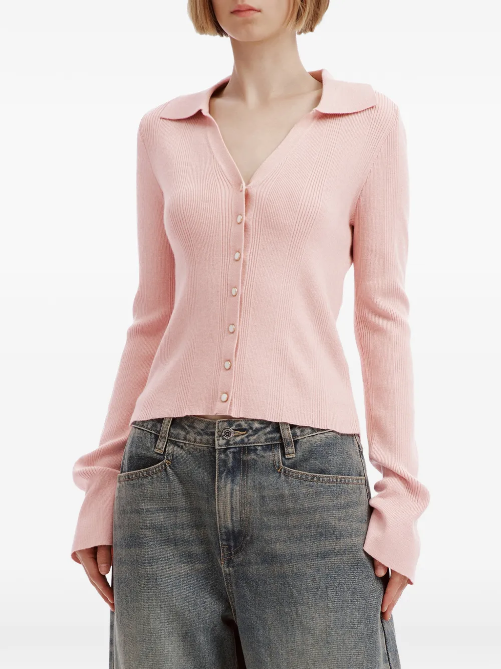 tout a coup ribbed-knit flared-sleeve cardigan Roze