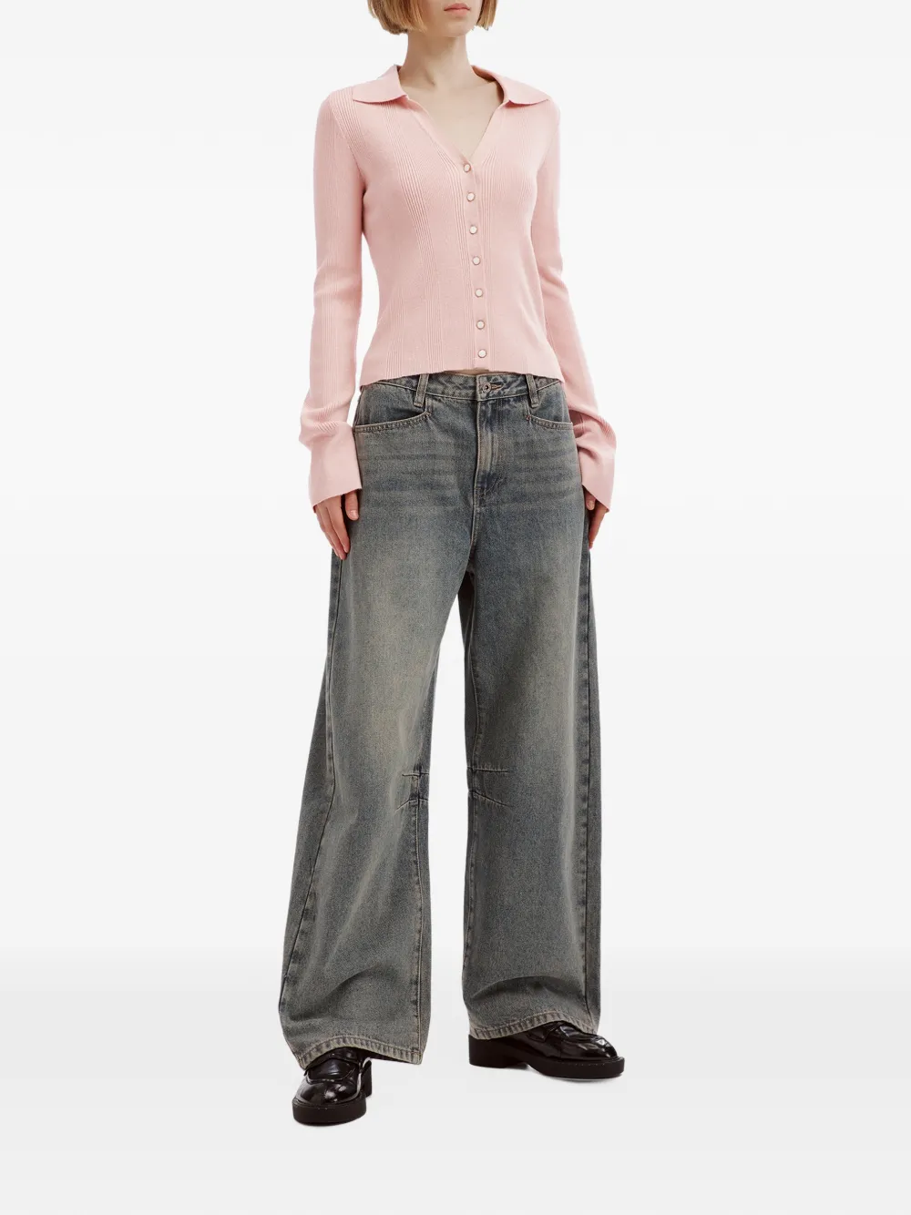 tout a coup ribbed-knit flared-sleeve cardigan Roze
