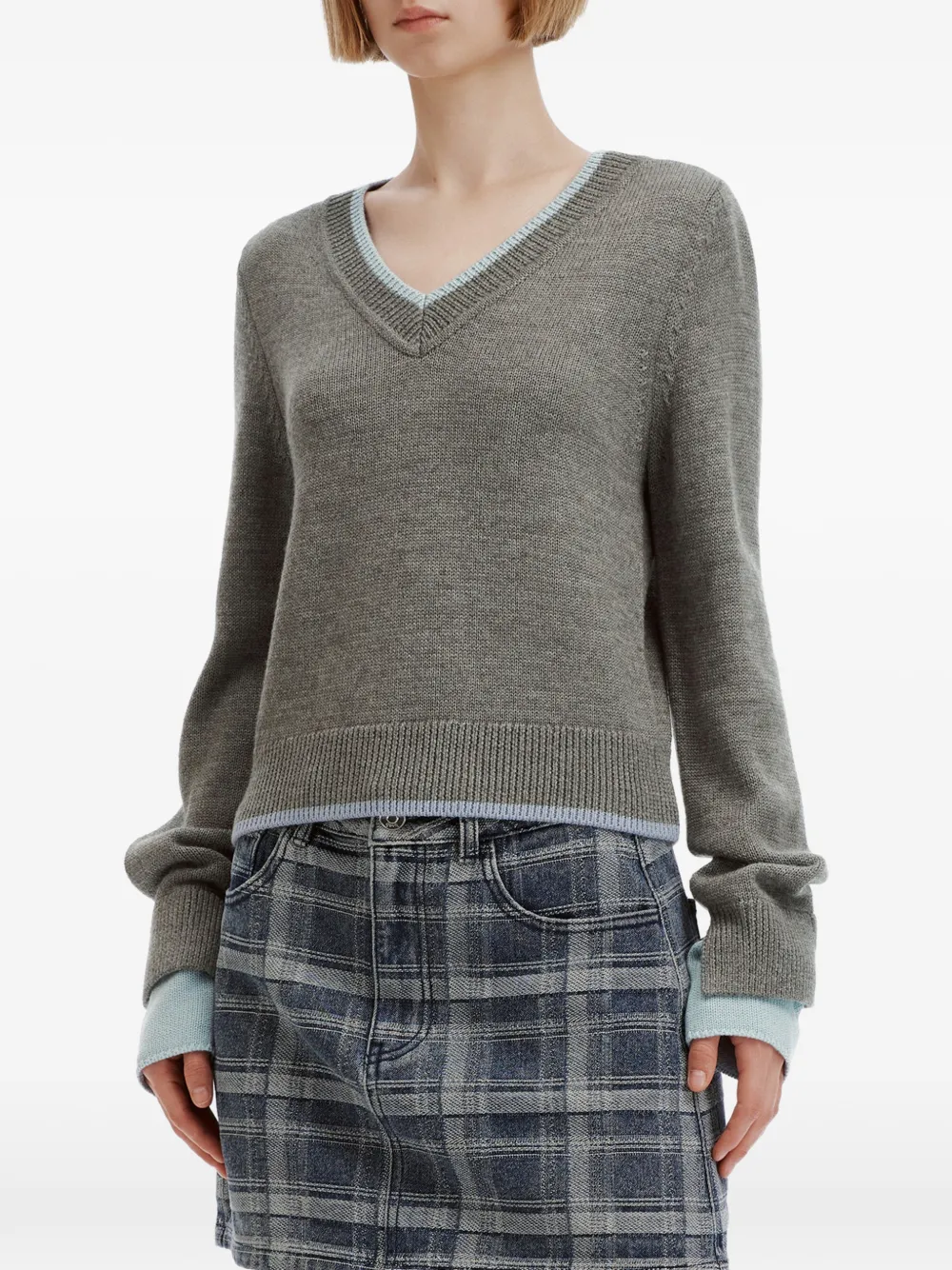 b+ab V-neck contrast-trim sweater Grijs