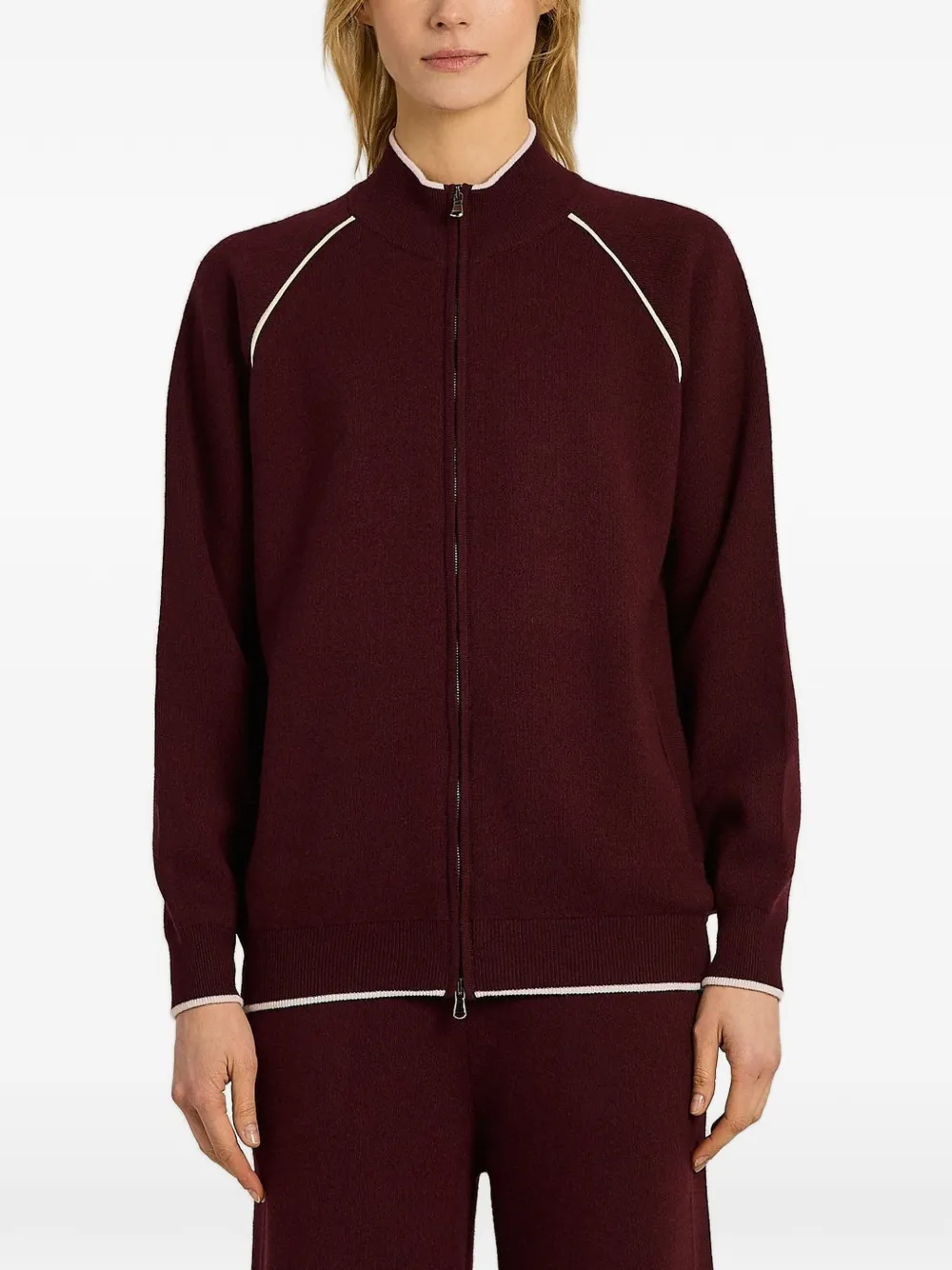 Kiton zip-up contrast-trim cardigan Rood