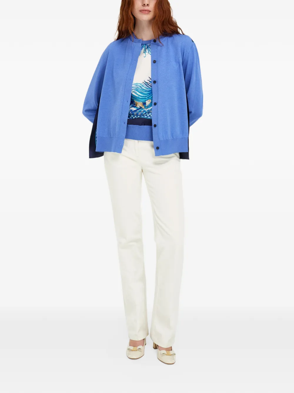 Ferragamo Feather show print crew-neck cardigan Blauw
