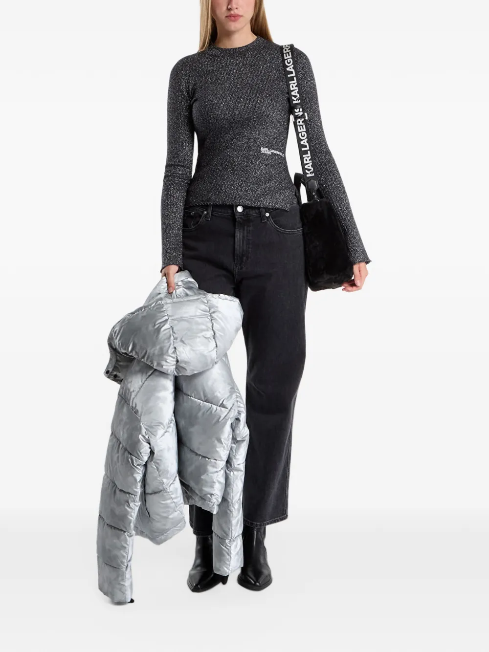 Karl Lagerfeld Jeans T-shirt met metallic-effekt en geribbelde textuur Zwart