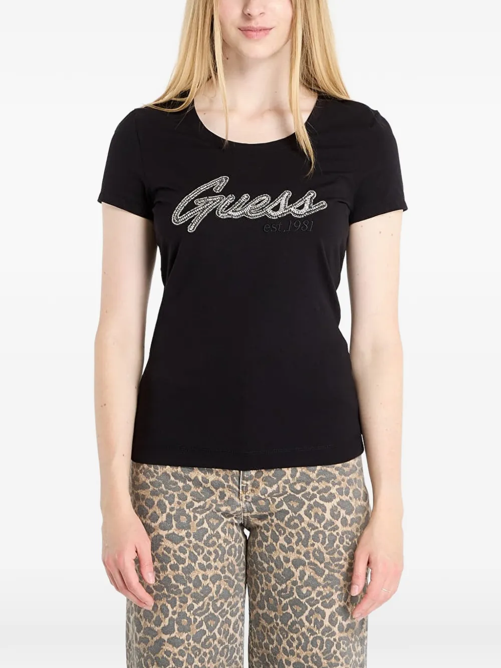 GUESS USA rhinestone-logo T-shirt Zwart