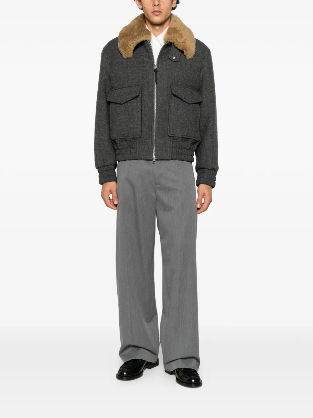 AMI Paris shearling-collar bomber jacket Grijs