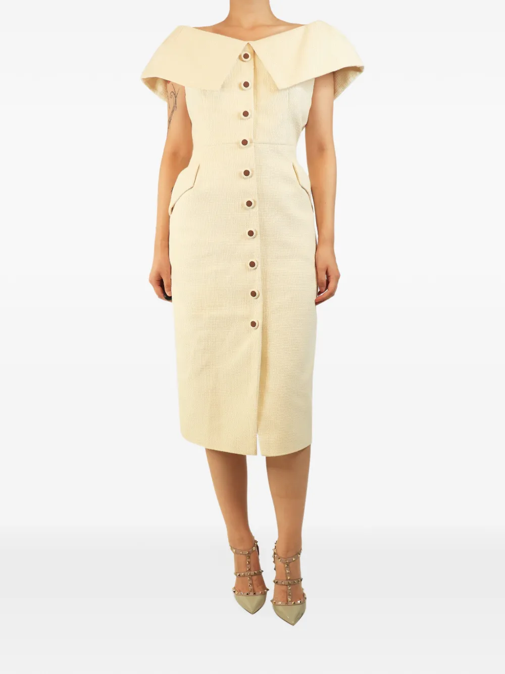 SUZANNAH LONDON off-the-shoulder tweed midi dress - Neutrals