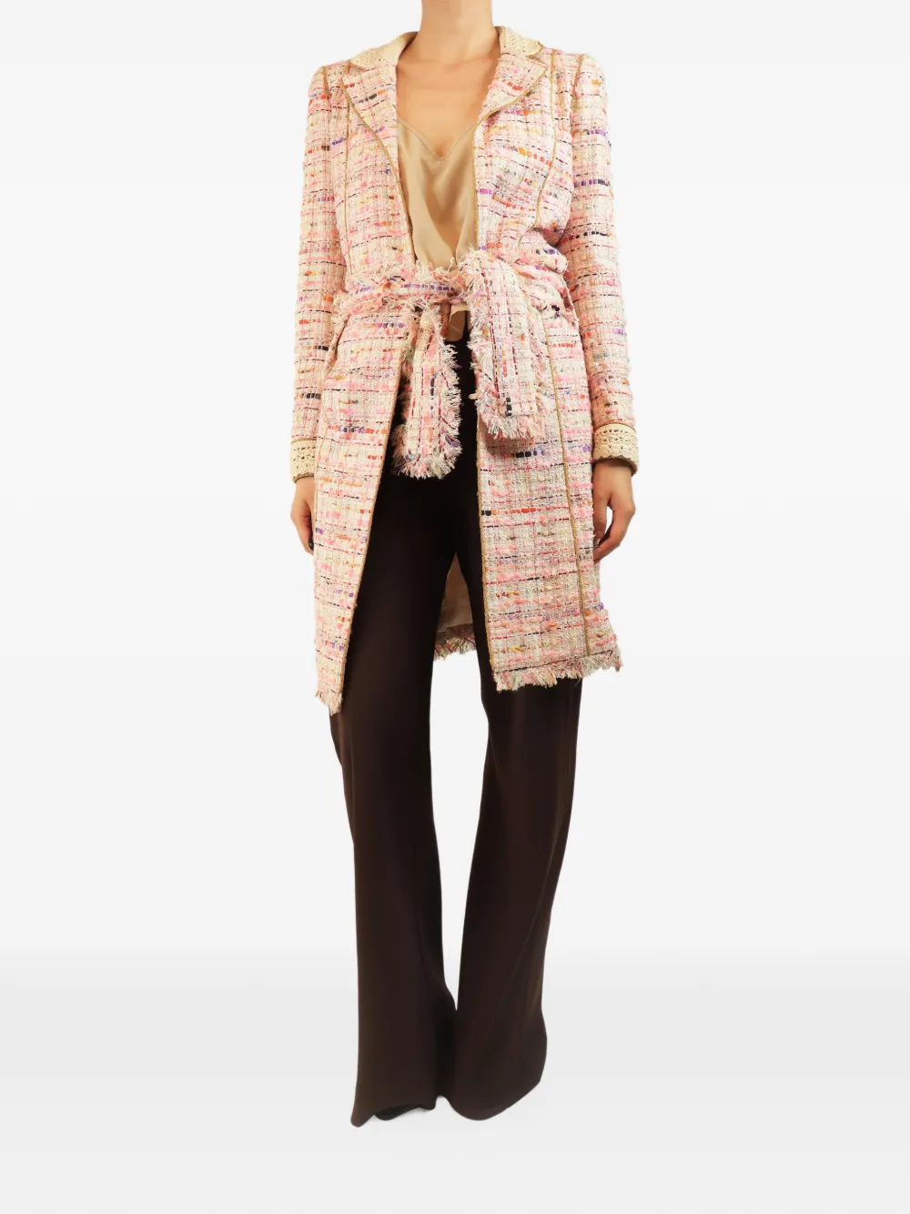 CHANEL Pre-Owned belted tweed single-breasted coat - Pink