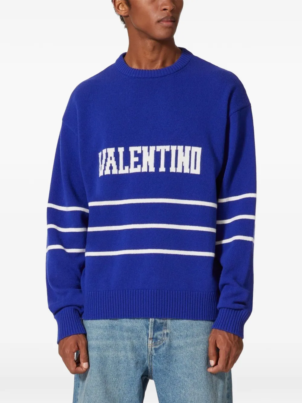 Valentino Garavani logo-intarsia striped sweater Blauw