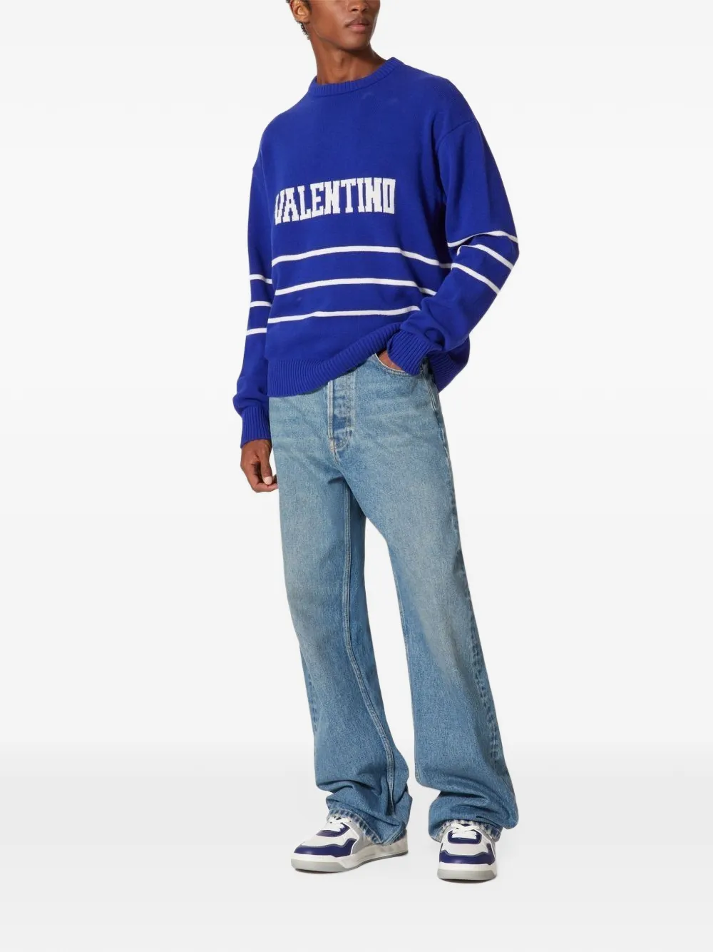 Valentino Garavani logo-intarsia striped sweater Blauw