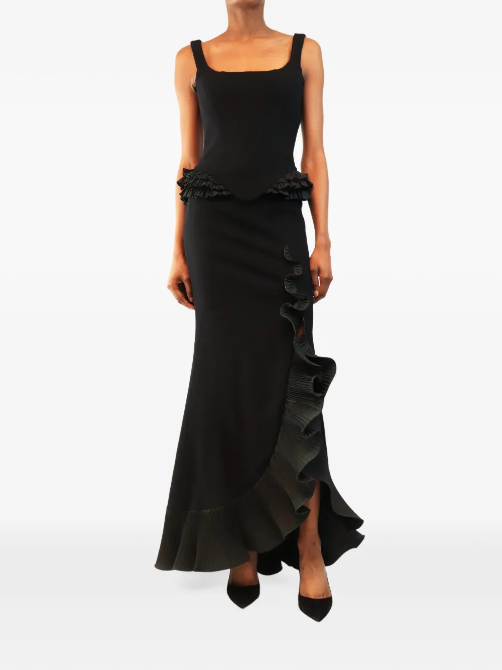 Pre-owned Escada Ruffle-trim Bustier Skirt Suit In Black