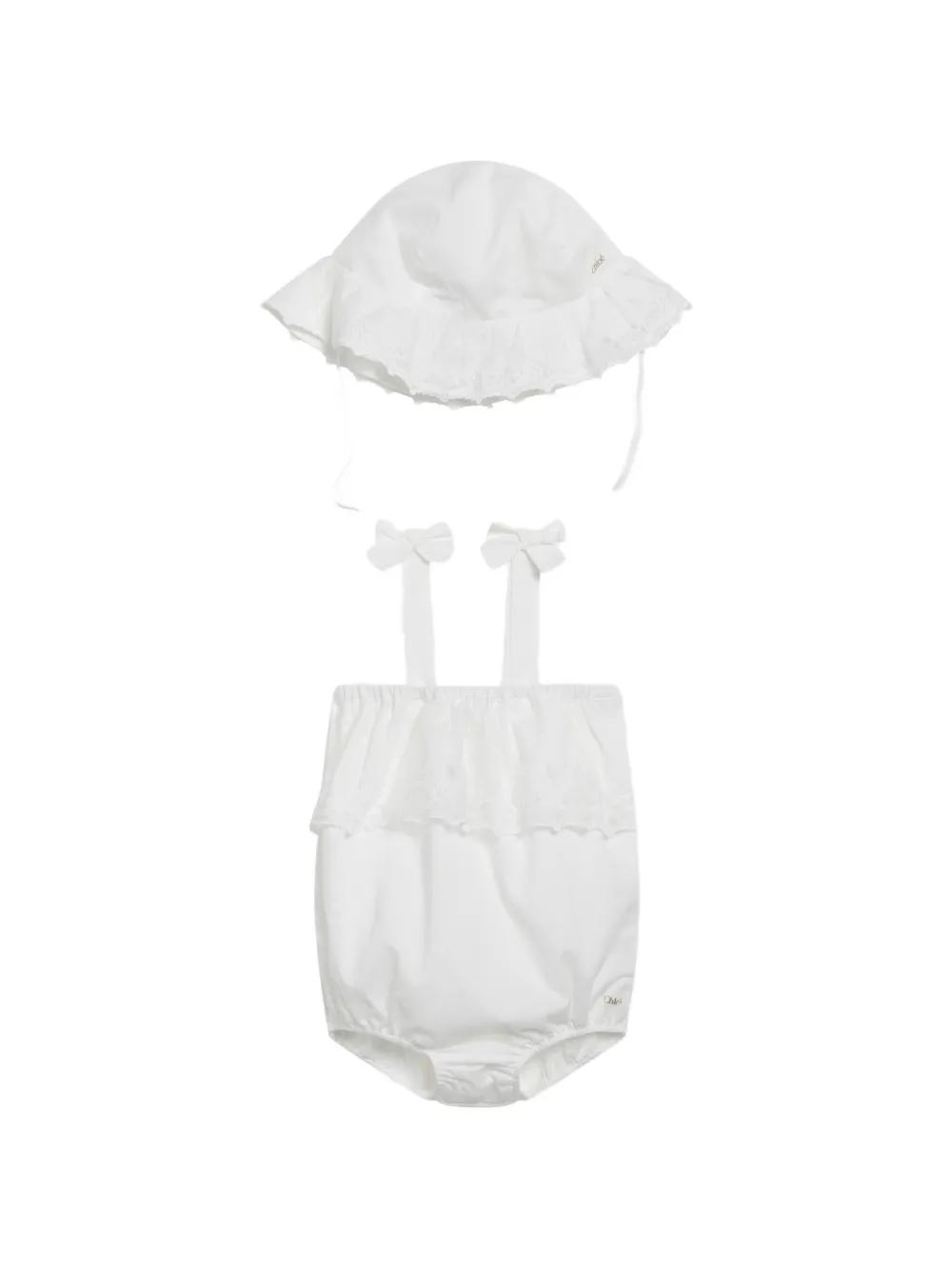 Chloé Kids bow-detail ruffle-trim hat and romper set (set of two) - Weiß