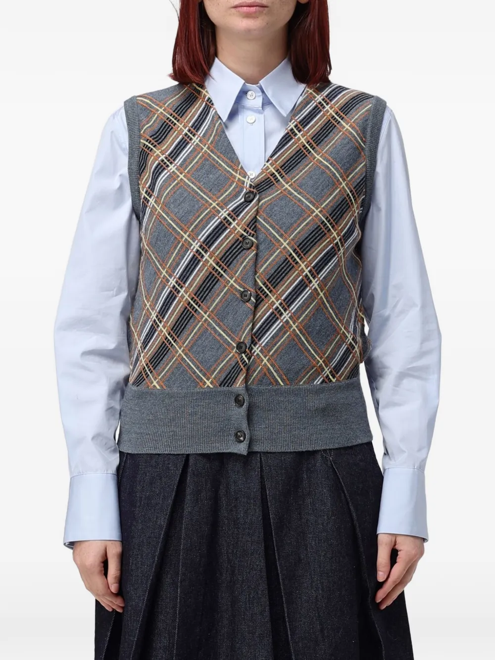Tela check-pattern button-up vest - Grau
