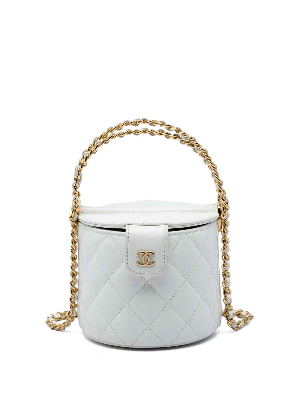 CHANEL Pre-Owned 2021-2026 CC Quilted Lambskin Top Handle Round Vanity Case with Chain satchel - White