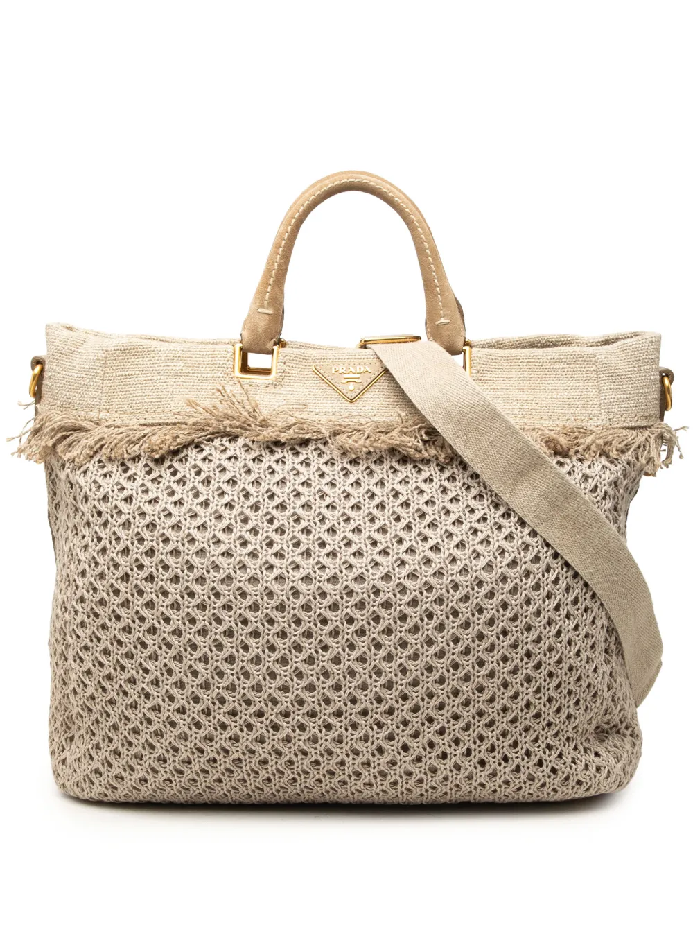 Prada Pre-Owned 2013-2026 Raffia Crochet and Linen Fringe Shopping Tote satchel - Neutrals