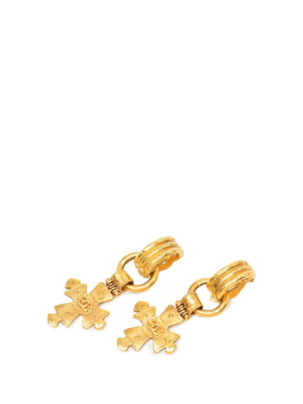 CHANEL Pre-Owned 1994 CC Gold Plated Cross Drop Clip On Earrings costume earrings