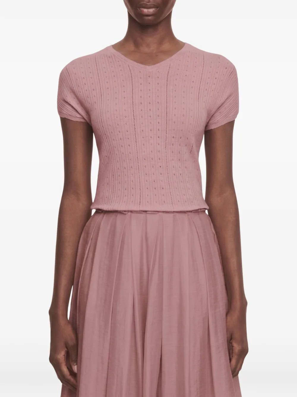 Vince pointelle-knit V-neck sweater Roze