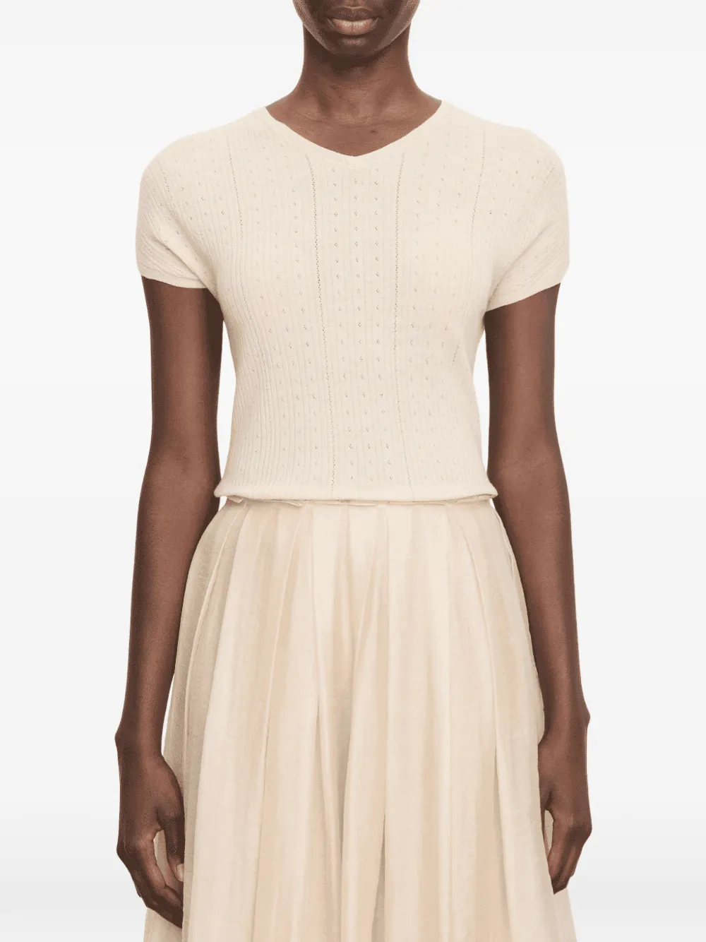 Vince pointelle-knit V-neck sweater Beige