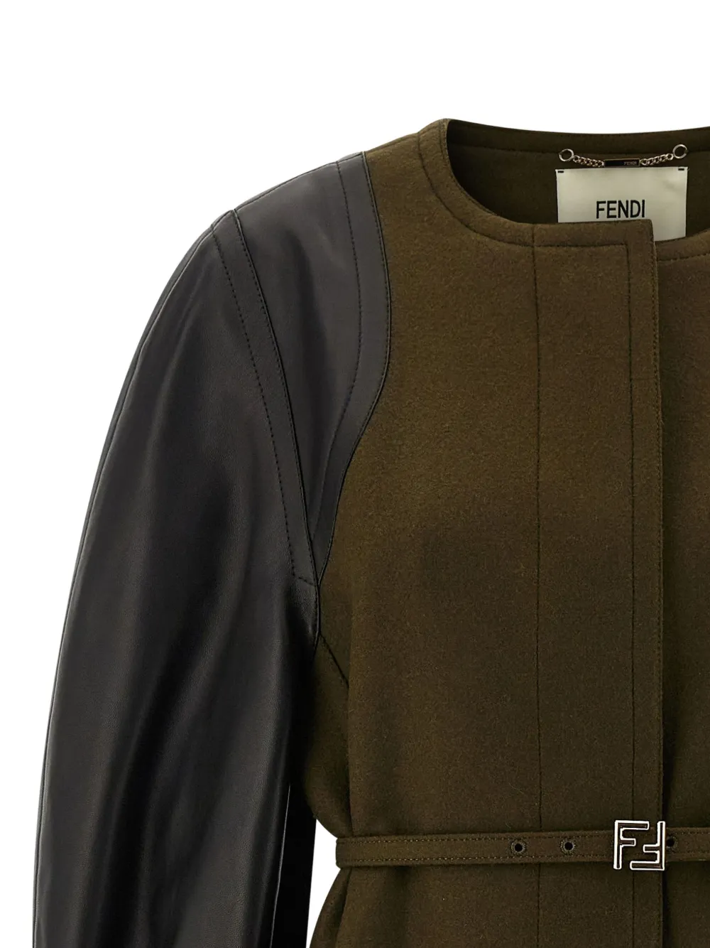 FENDI leather-sleeve belted coat Groen