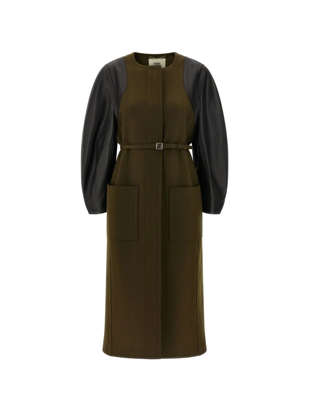 FENDI leather-sleeve belted coat Groen