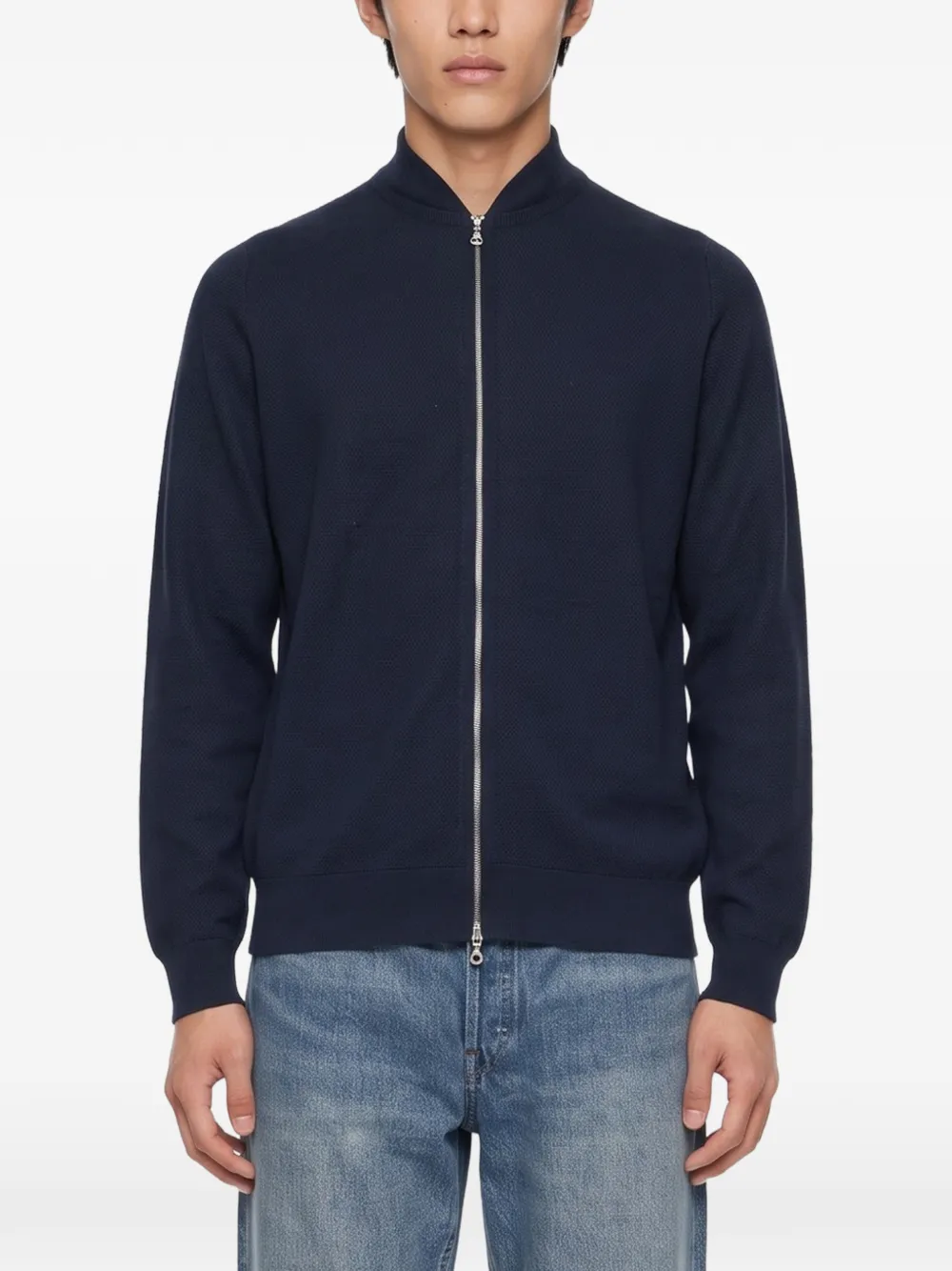 John Smedley 16Silgular zip-up waffle-knit cardigan Blauw