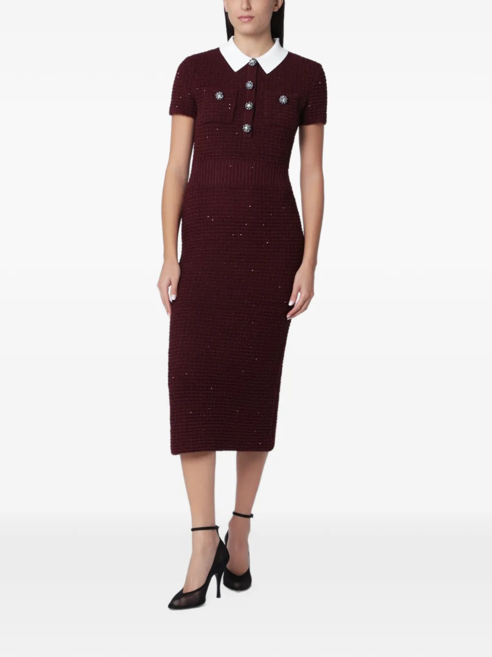 Self-Portrait burgundy textured-knit midi dress Rood