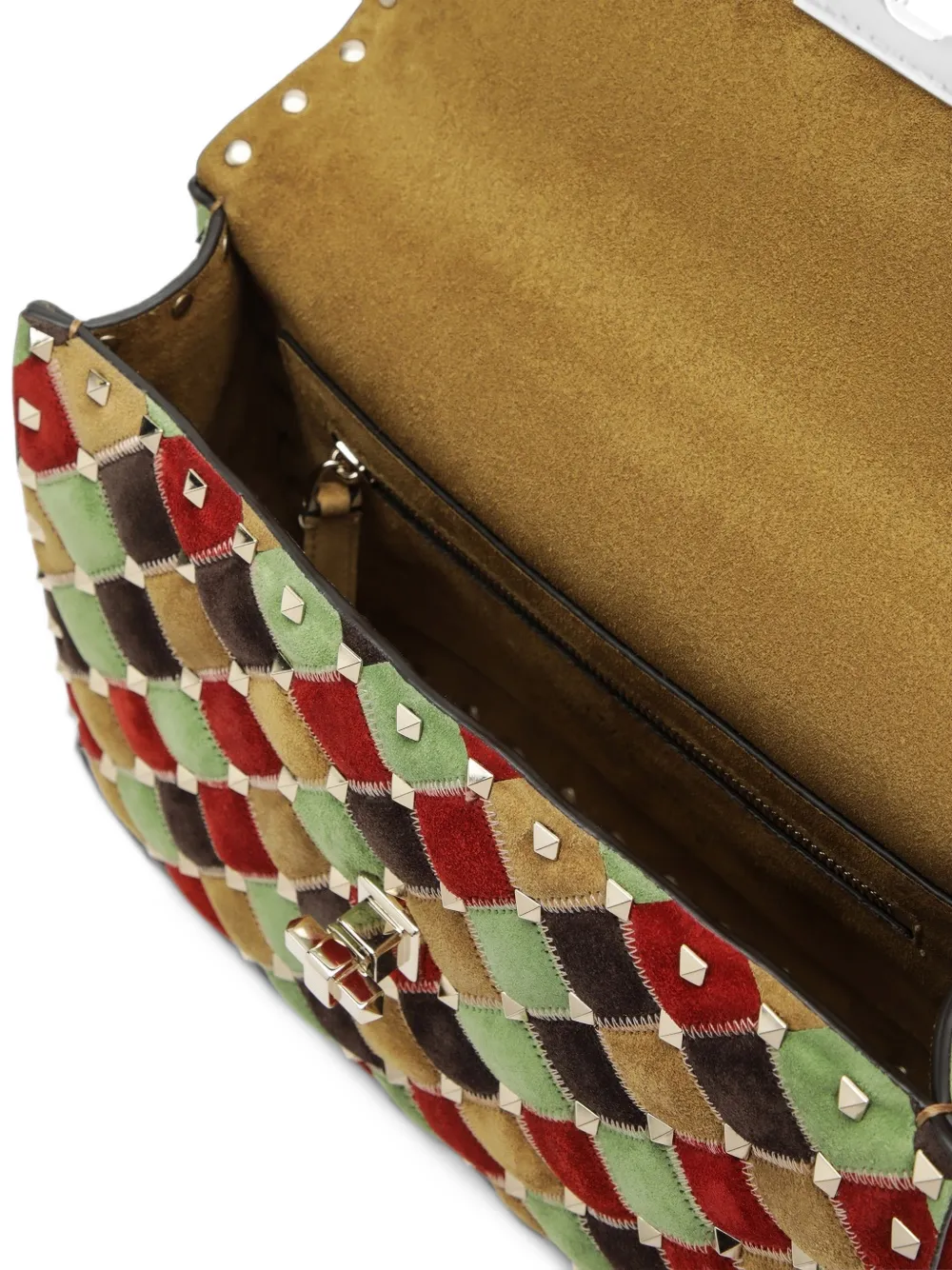 Valentino Garavani Kleine Rockstud Spike suède tas met patchwork Bruin