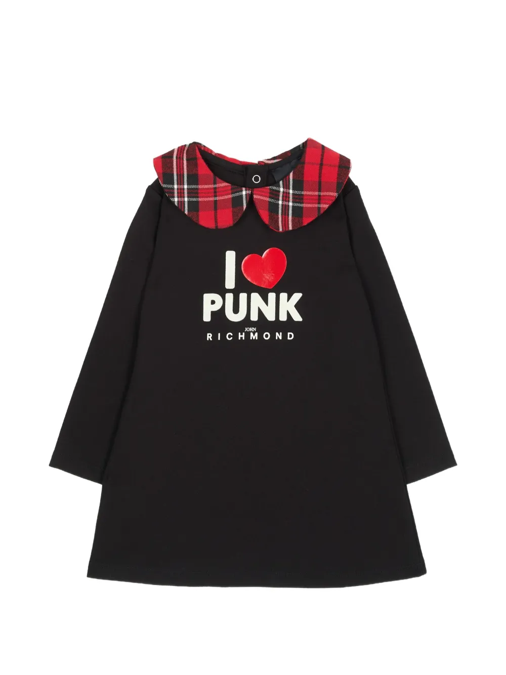 John Richmond Junior tartan-collar slogan-print dress Zwart
