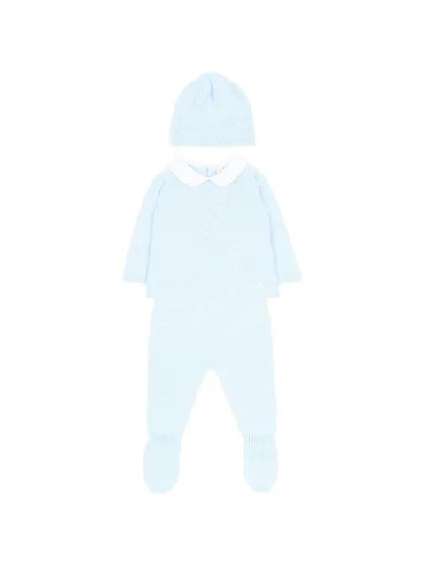 Martin Aranda Mütze und Pyjama aus Gitterstrick mit Bubikragen