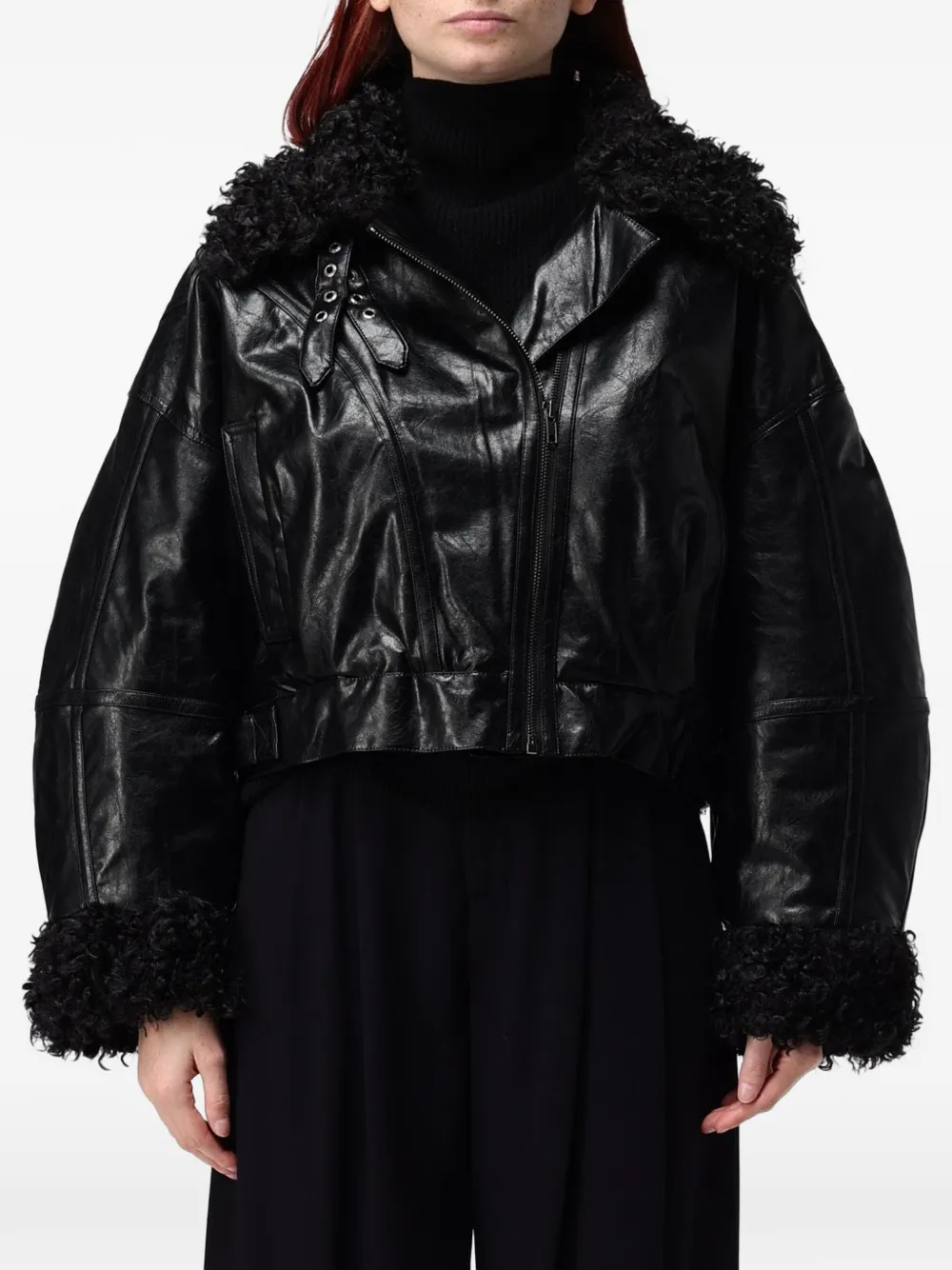 Eleh shearling-trim faux-leather jacket Zwart