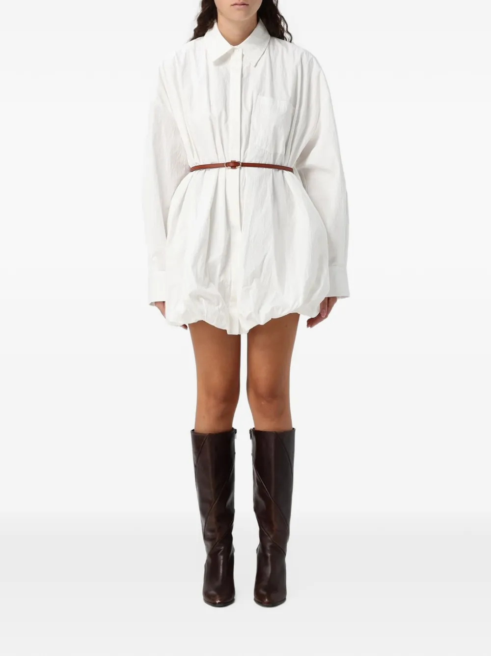 Eleh belted balloon-hem mini shirt dress Wit