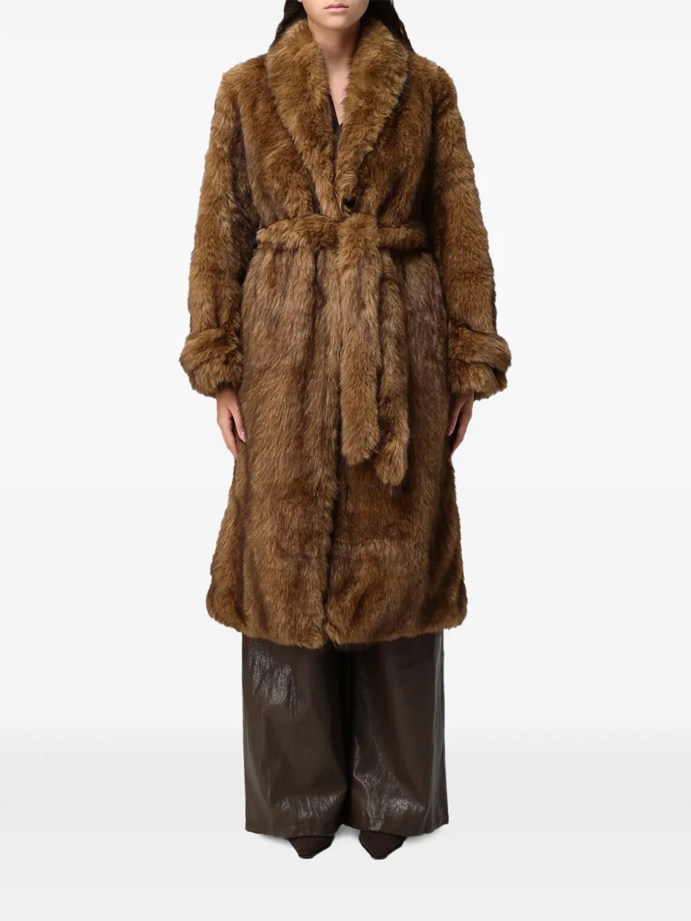 Eleh faux-fur belted coat - Marrone