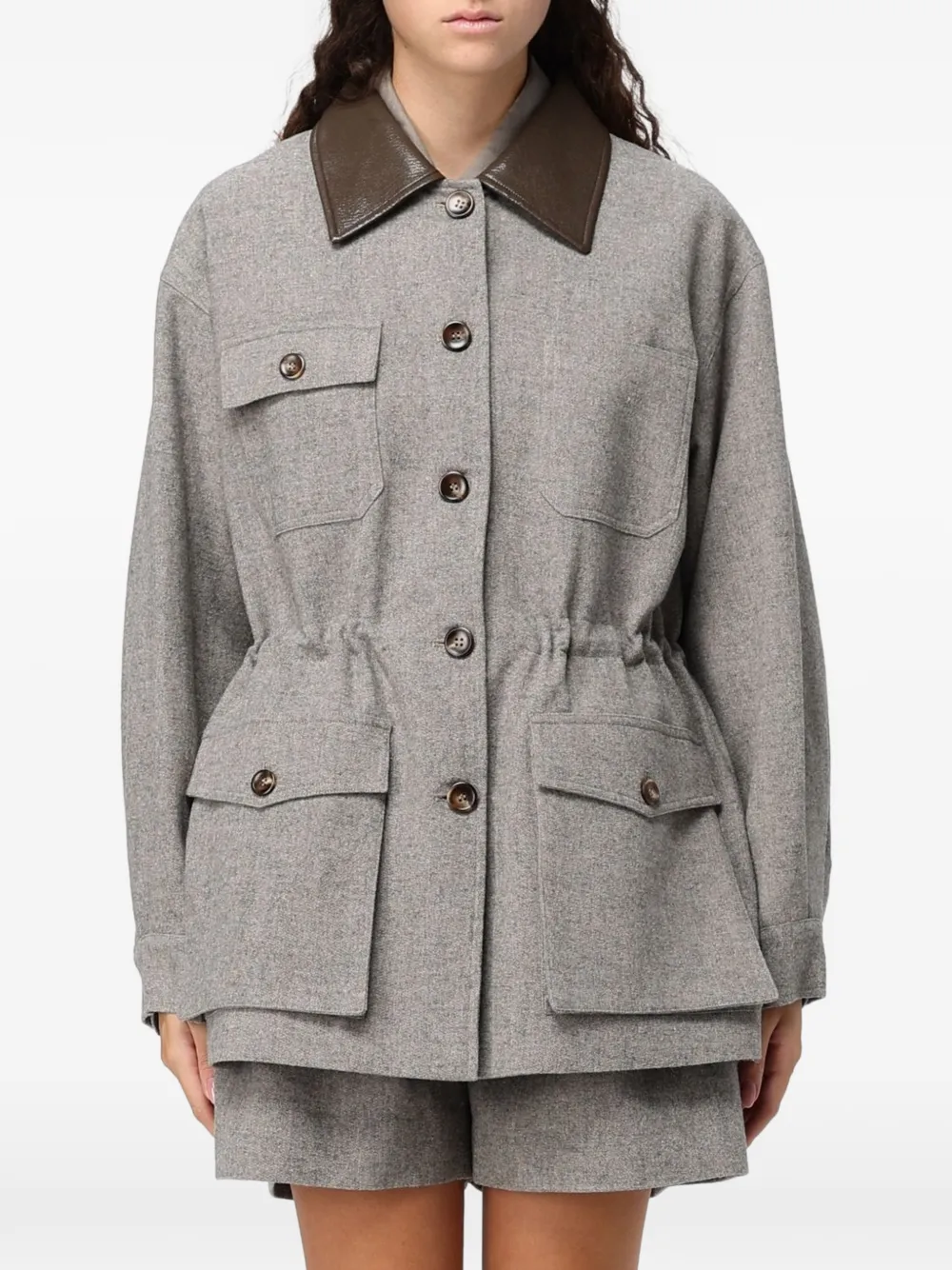 Eleh drawstring-waist button-up coat - Grey