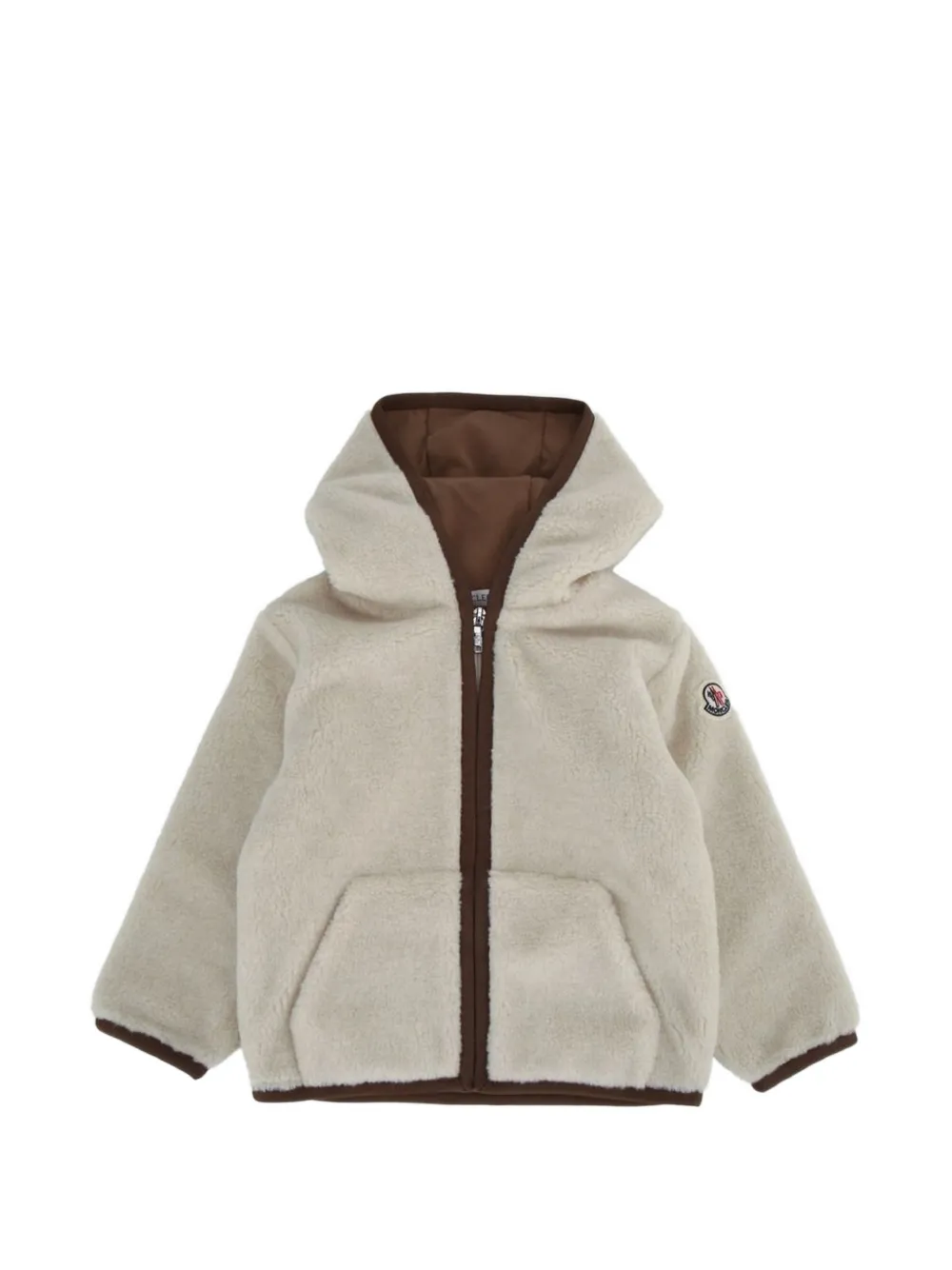 Moncler Enfant Teddy logo-patch fleece hoodie Beige