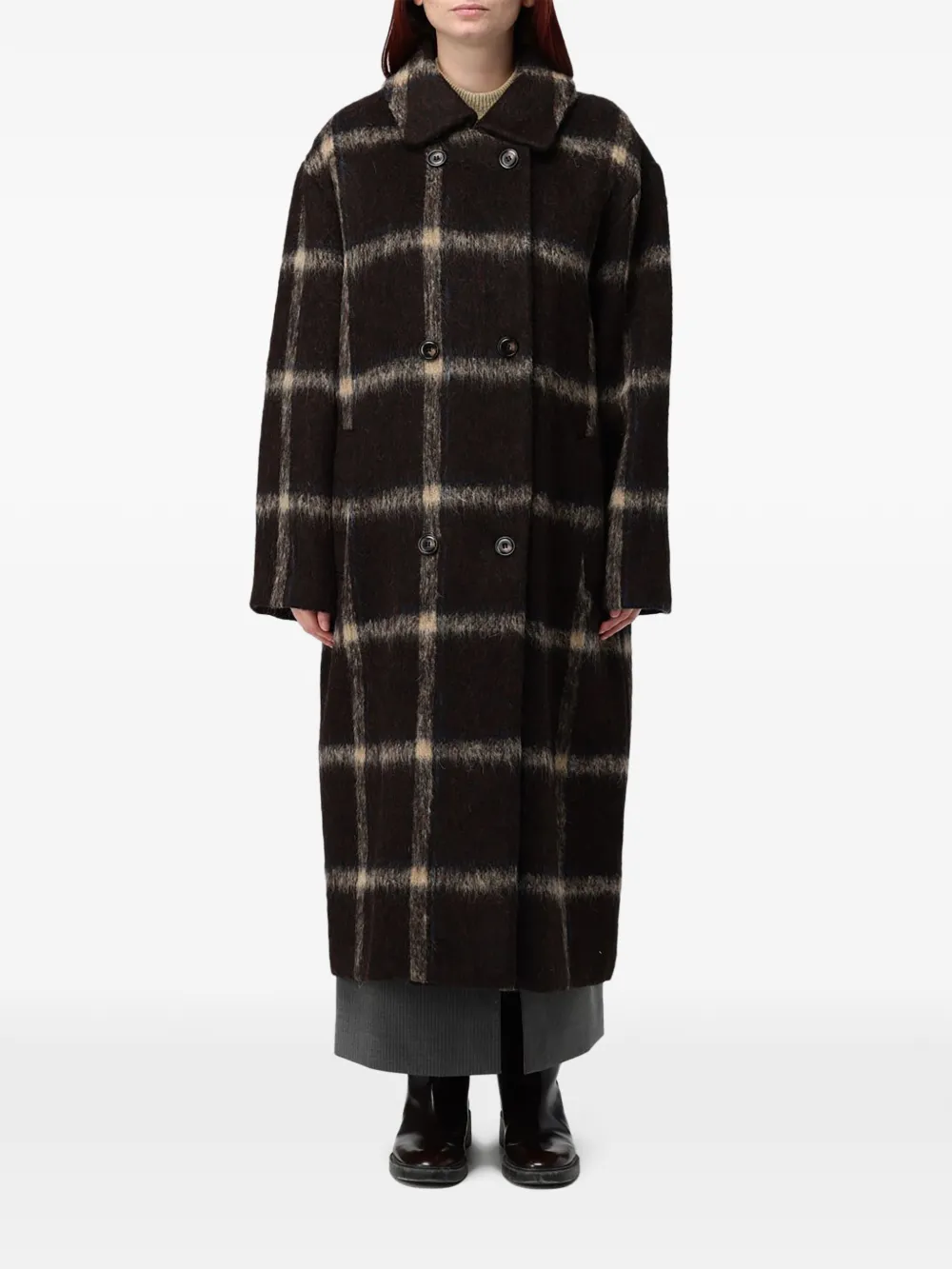 Eleh check-pattern double-breasted coat - Brown
