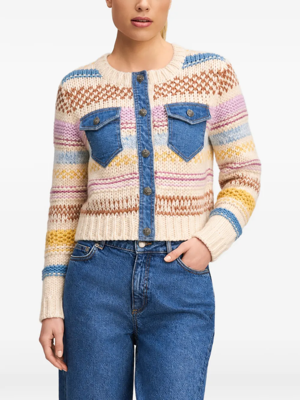 Cinq A Sept Suki denim-panel cardigan Beige