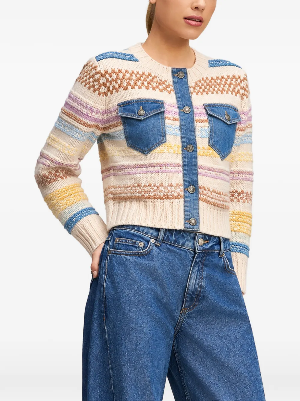 Cinq A Sept Suki denim-panel cardigan Beige
