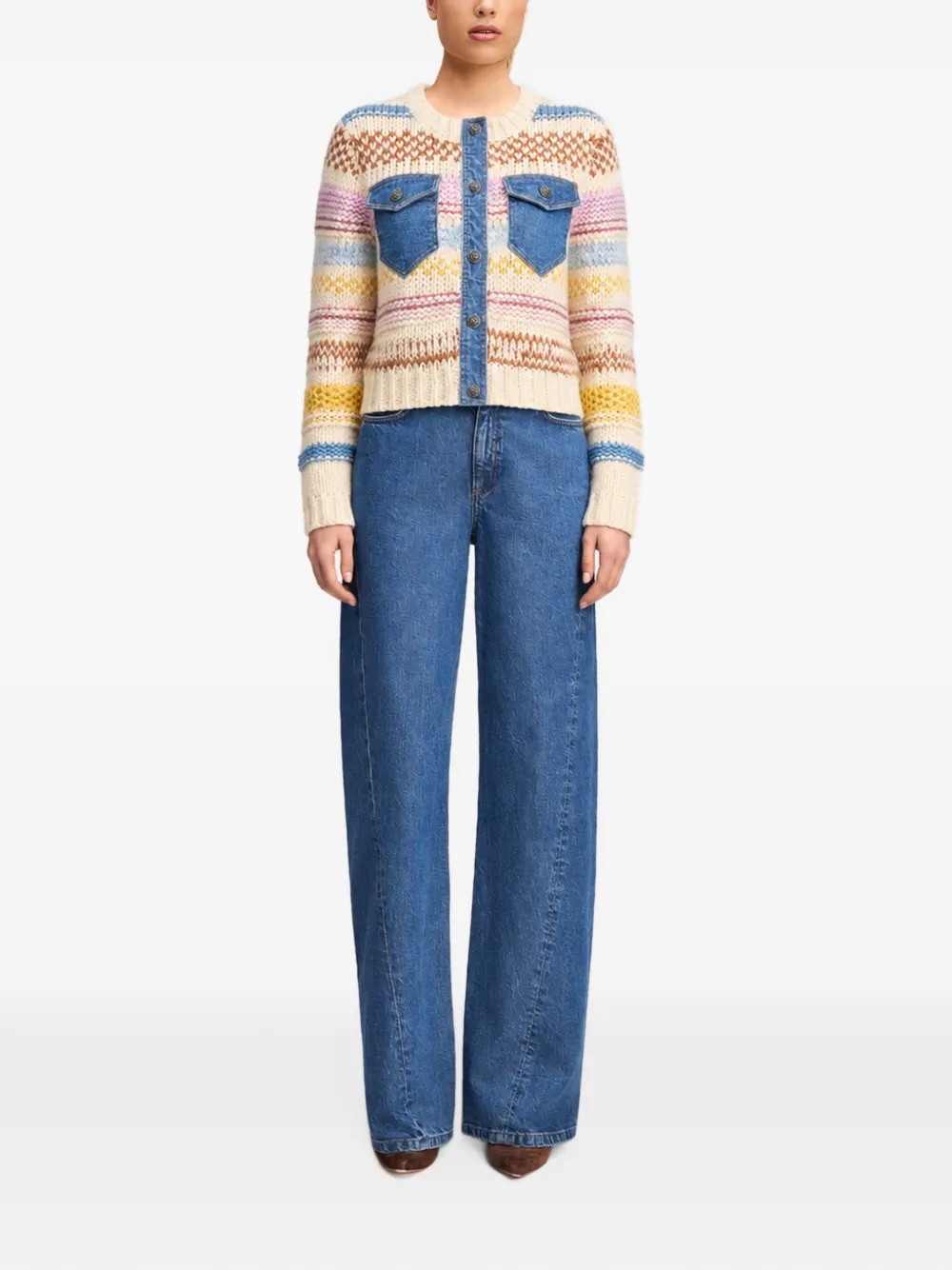 Cinq A Sept Suki denim-panel cardigan Beige