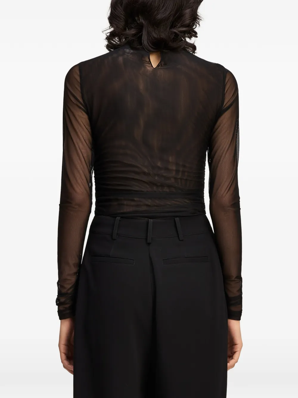 Cinq A Sept crystal-embellished shirred mesh top Zwart